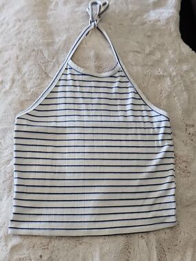 American Eagle White Halter Top with Navy Stripes